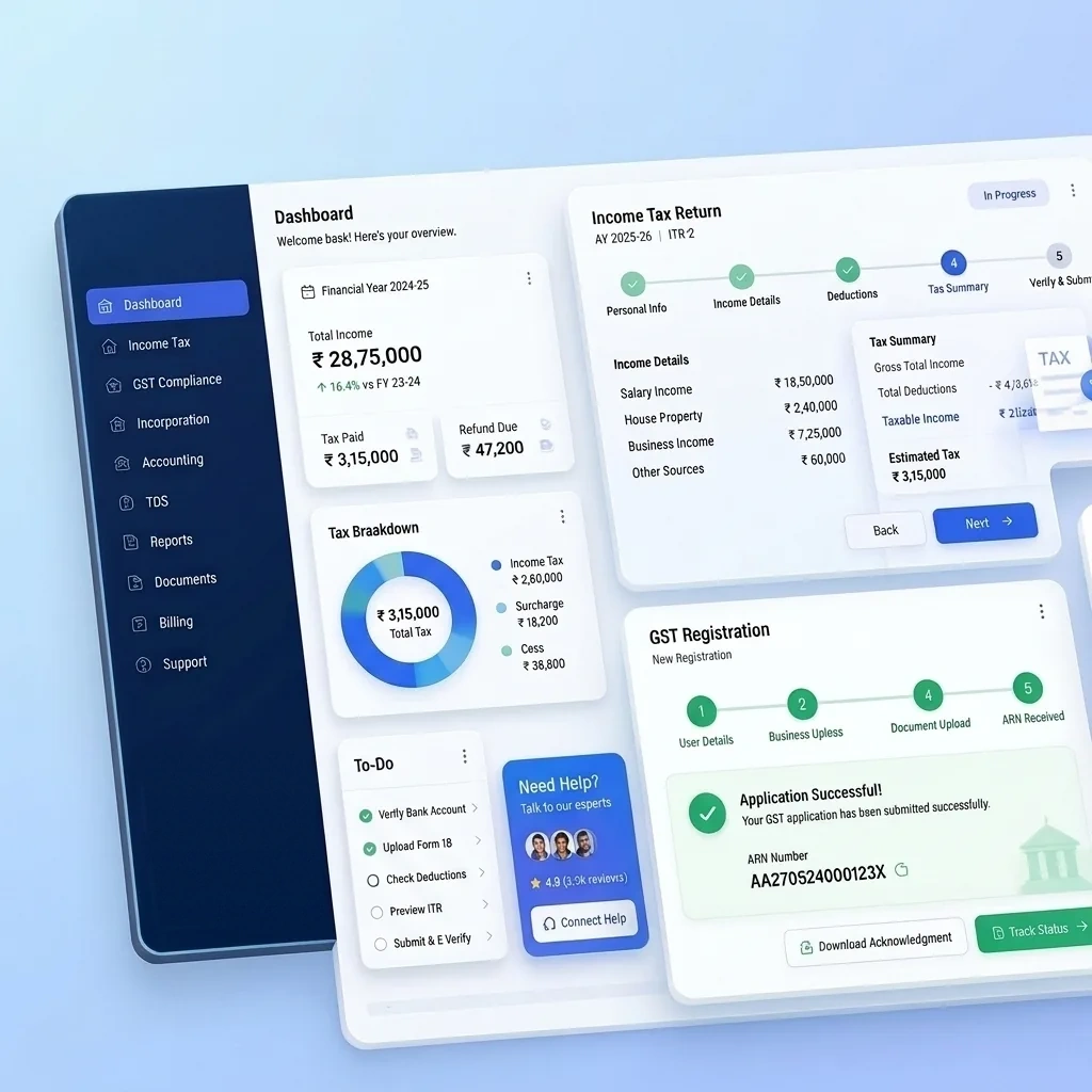Prime Core tax filing and GST registration dashboard
